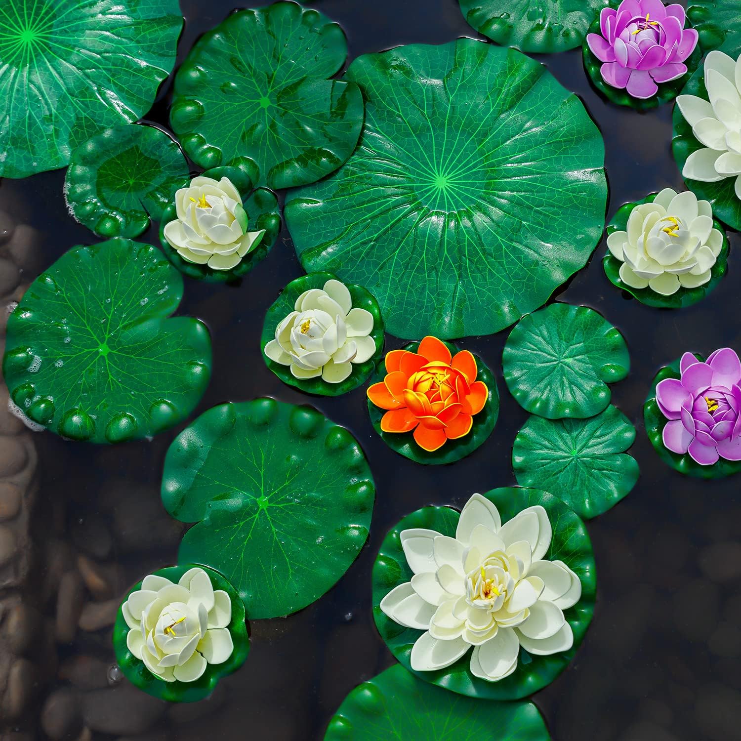 28 Pcs Realistic Lily Pads Leaves for Ponds, 4 Kinds Artificial Floating Foam Lotus Leaves, Water Lily Pads Foliage Pond Decor for Pond Pool Koi Fish Patio Aquarium